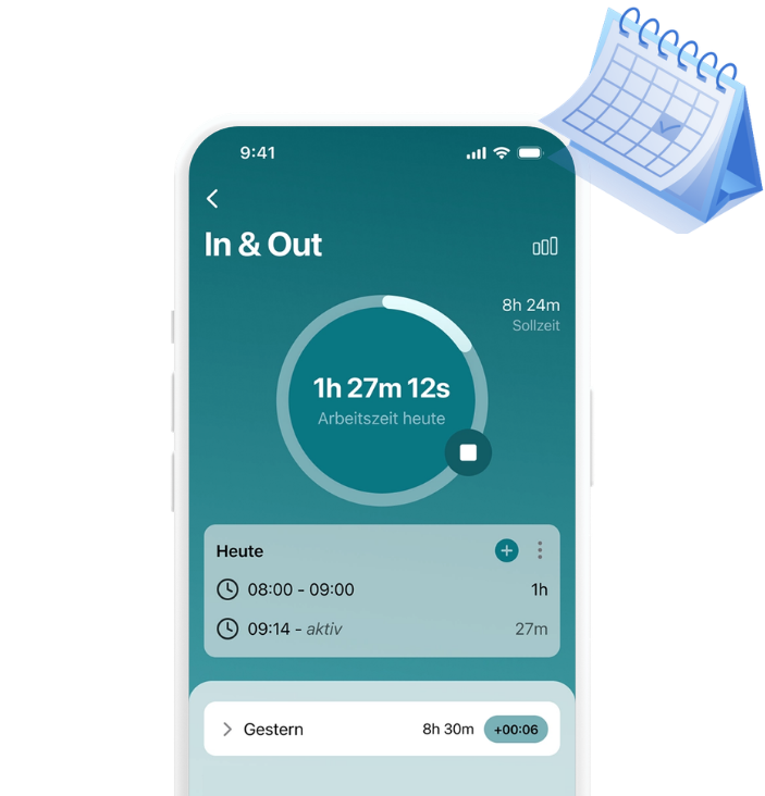 Screen In&Out Zeiterfassung App AbaClik AI Swiss21