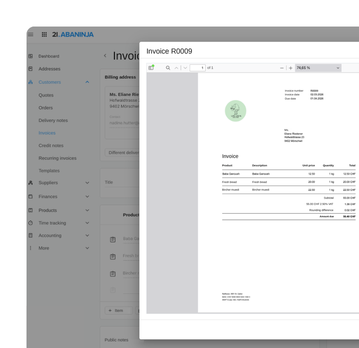 Screenshot: Order processing and invoicing in AbaNinja